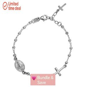 7 Inch Sterling Silver Beaded Bracelet with Cross & Miraculous Charm